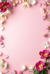 Fototapeta premium Romantic Floral Frame on Soft Pink Background with Roses, Lilies & Orchids – Ideal for Weddings, Love Celebrations & Gift Designs