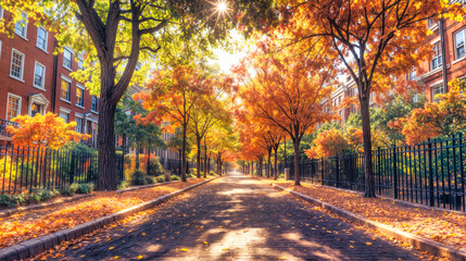 Fototapeta premium Vibrant autumn foliage on tree lined urban street with golden orange leaves covering cobblestone pathway. Sunlight bursts through colorful canopy between historic brick residential buildings. Peaceful
