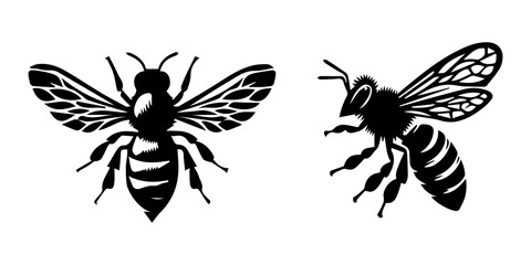 Set of bee silhouette vector, Vector illustration of a black bee icon in a silhouettes style. Honey Bee icon, honey bee isolated on white background, Bee logo. Set of signs bees. Silhouettes insects. 