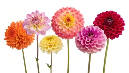 "A beautifully arranged selection of real dwarf dahlia flower heads in a spectrum of bright colors, isolated against a transparent background for easy integration into designs."