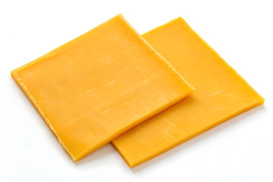 Two slices of cheddar cheese bright yellow close up shot on white background Perfect for sandwiches