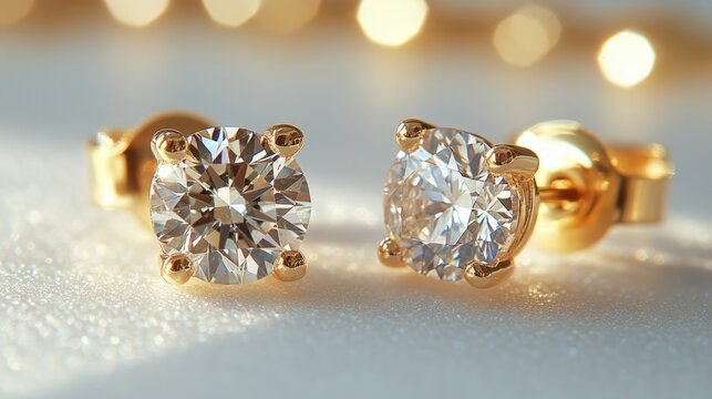 A pair of classic gold stud earrings featuring brilliant diamonds, isolated on a crisp white surface