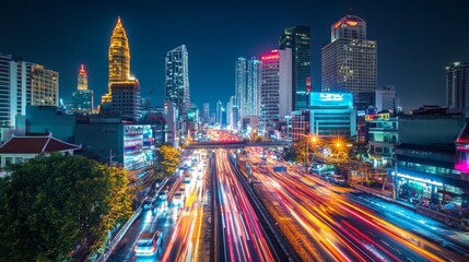 Obraz premium Vibrant nightlife action in kuala lumpur cityscape urban environment dynamic viewpoint modern concept