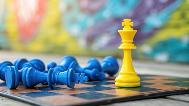 A bright yellow king chess piece stands tall on a board surrounded by fallen blue pieces, symbolizing victory, power, and leadership. - Powered by Adobe