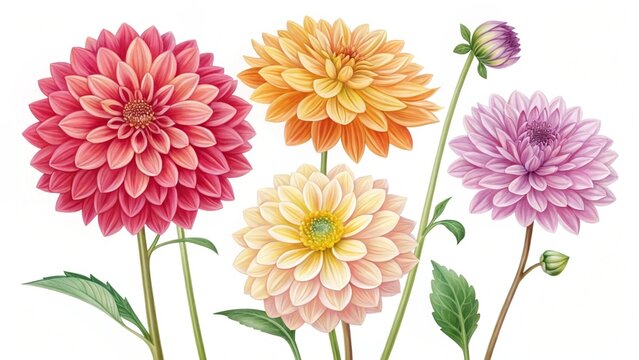 "A visually striking collection of dwarf dahlia flower heads, featuring intricate petal details and vivid color variations, isolated on a transparent background for design flexibility."