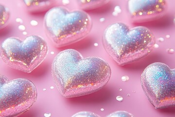 Fototapeta premium Pretty Disco Heart Shaped Balls, Sparkle Light Rays Rotating