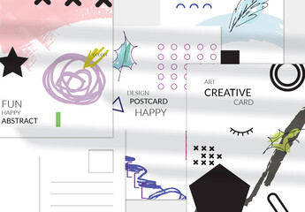 Postcard Layout with Hand Drawn Abstract Floral Doodles and Geometric Shapes