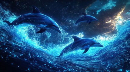 Three dolphins leap in glowing waves, a mystical underwater scene