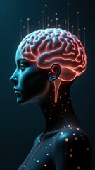 Obraz premium Human-machine hybrid with a visible, illuminated brain, symbolizing neuroscience, artificial intelligence, and future tech evolution.