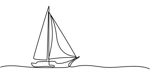 Single line continuous drawing of sailboat or yacht one line drawing outline vector art illustration, Continuous one line drawing of sailboat. Business icon. Vector illustration, continuous line draw.