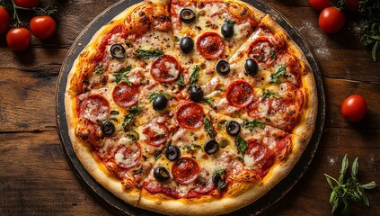 A delicious pepperoni and olive pizza, ready to be devoured.  The warm colors and rustic setting make it perfect for a cozy night in.