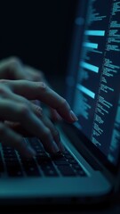 Hacker or developer writing software on a laptop in a moody cyberpunk setting.