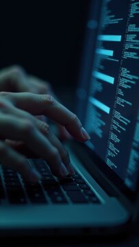 Hacker or developer writing software on a laptop in a moody cyberpunk setting.