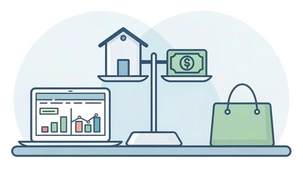 Fototapeta premium Illustration of real estate and money on balance scale