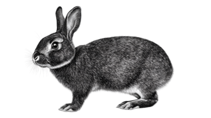 Engraving of a gray rabbit side view portrait, cut out transparent