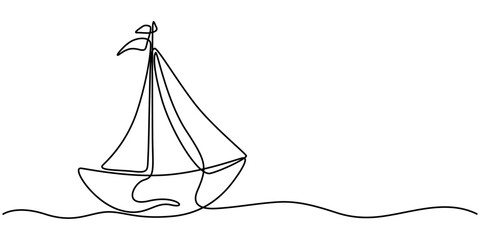 Single line continuous drawing of sailboat or yacht one line drawing outline vector art illustration, Continuous one line drawing of sailboat. Business icon. Vector illustration, continuous line draw.