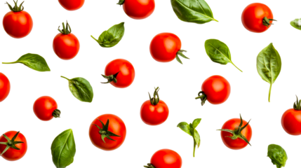 Cherry tomatoes and basil leaves on black background, cut out transparent
