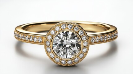 A refined yellow gold ring with a brilliant round diamond, surrounded by delicate pave diamonds, clean white backdrop 