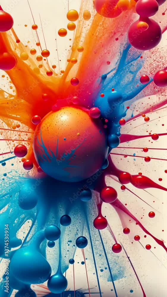 Poster a colorful ball with a blue and red stripe. the ball is surrounded by a splash of paint