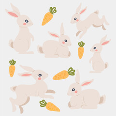 Vector illustration in pastel colours.  Easter bunny collection, cute festive rabbits and carrots. 
