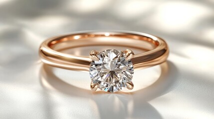 A simple yet elegant rose gold ring with a solitaire brilliant-cut diamond, minimalistic design on a white background 
