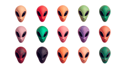 Group of extraterrestrial heads in various colors on black backdrop, cut out transparent