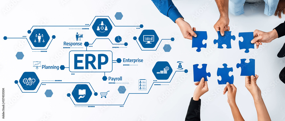 Leinwandbilder This image depicts a collaborative team working on enterprise resource planning (ERP) solutions using puzzle pieces, symbolizing the assembly of effective business strategies and integration. Amity