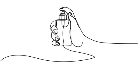 Spray bottle in hand. One line continuous cosmetic. Line art, outline, single line silhouette. Hand drawn vector illustration, spraying perfume hand holding continuous one line drawing, Single concept