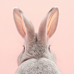 Adorable grey bunny's fluffy tail and long ears against a soft pink backdrop.  A charming and whimsical image.