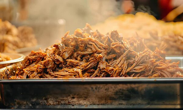 Steaming pulled meat piled high in a metal tray. Side dishes blur in the back, tempting hungry customers