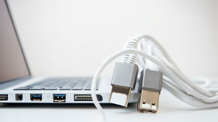 Close-up of computer connection cables plugged into a laptop with USB and power connectors demonstrating technology and connectivity in a modern workspace