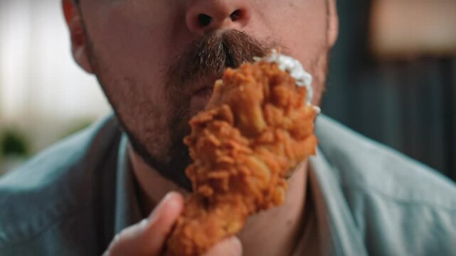 Close up shot of bearded man face, man holding and dipping fried chicken in sauce and chewing it, enjoying eating fast food. Slow motion
