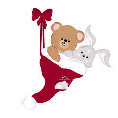 A cute gray bunny rabbit  and teddy bear are in a Santa Claus hat.