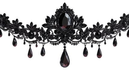 Black gemstone diadem crown jewelry, fashion tiara, gothic style, cut out transparent