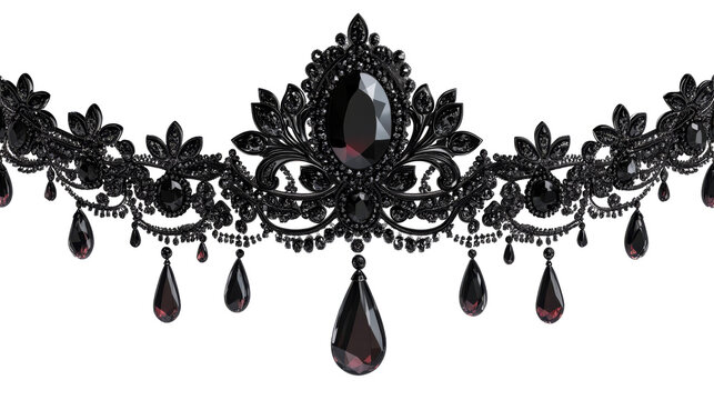Black gemstone diadem crown jewelry, fashion tiara, gothic style, cut out transparent