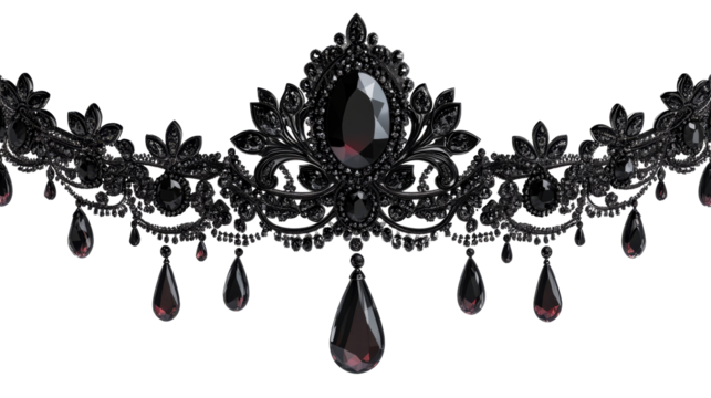 Black gemstone diadem crown jewelry, fashion tiara, gothic style, cut out transparent