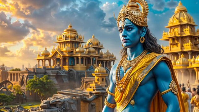 Lord Rama with blue skin and ornate golden crown holding decorated bow. Close-up portrait of Hindu deity with intricate jewelry against glowing golden background