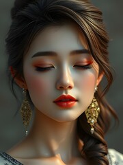 Fototapeta premium Stunning Asian Woman with Closed Eyes, Red Lips, Makeup, Golden Earrings, Braided Hair, Portrait