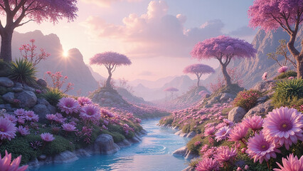  lush alien planet, vibrant and exotic alien flora, soft pastel color scheme, 