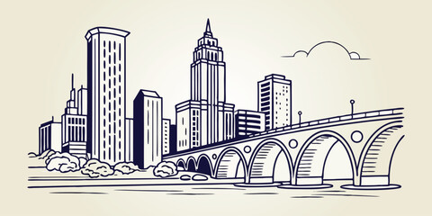 Obraz premium Minneapolis skyline, capturing the IDS Center and Stone Arch Bridge in a sleek, one-line drawing style.