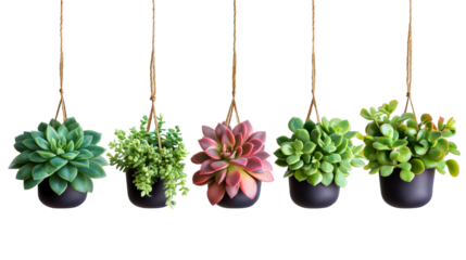 Variety of succulent plants in hanging pots, cut out transparent
