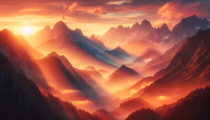 Obraz premium Ethereal Mountain Scene with Golden Sun Rays and Mystical Fog
