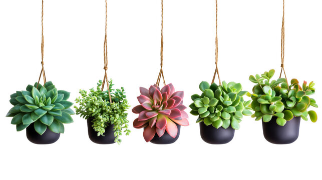 Variety of succulent plants in hanging pots, cut out transparent