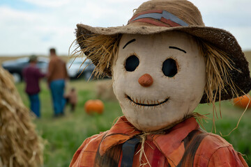 Close up of a scarecrow with a stitched smile and straw hair, wearing a hat and shirt at a rural farm festival