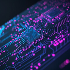 Obraz premium A close-up, abstract view of what appears to be a microchip or electronic circuit board, rendered with a futuristic, glowing aesthetic.