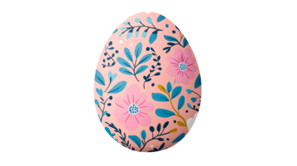 Floral decorated pink Easter egg design, ornate blossoms, cut out transparent