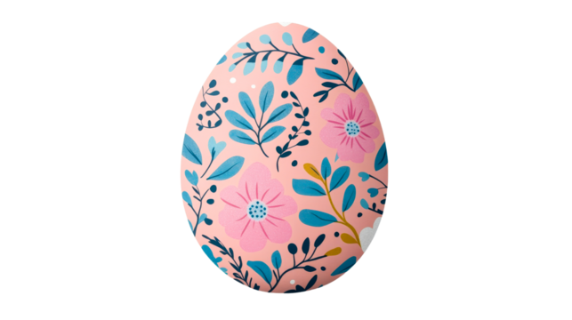 Floral decorated pink Easter egg design, ornate blossoms, cut out transparent
