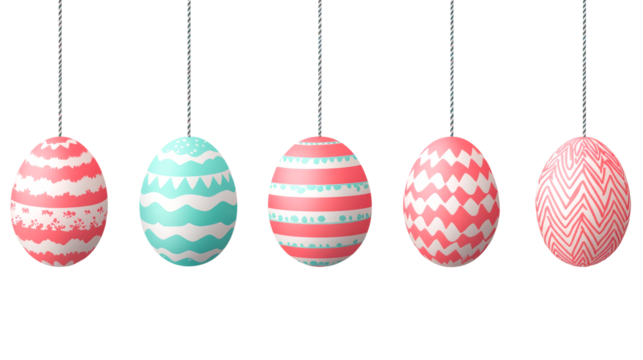 Easter eggs with patterns, hanging on string, cut out transparent