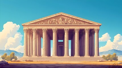 Fototapeta premium Majestic Ancient Temple with Ornate Stone Carvings and Towering Columns in Classical Greek or Roman Style