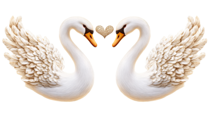 Two elegant swans forming heart shape, romance theme, love symbol, cut out transparent